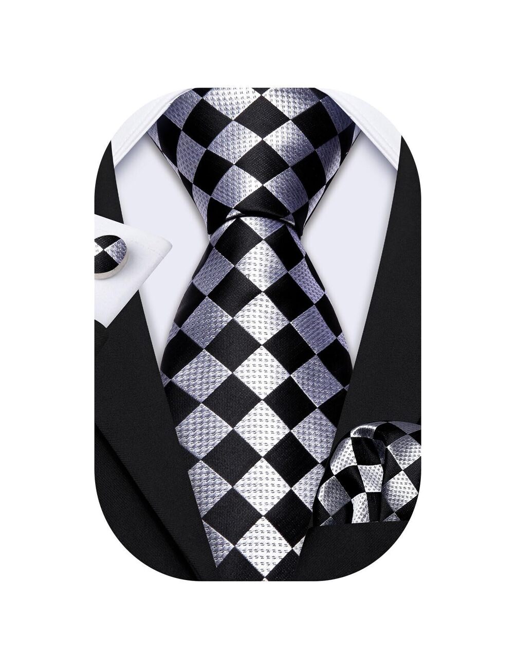 1970 Designer Classic Ties Set Formal Pocket Square Cufflink Check Plaid